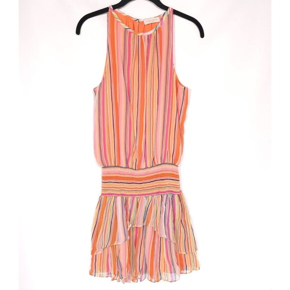 RAMY BROOK Mini Dress Size S/P 100% SILK Tobie Orange Striped Smocked Waist